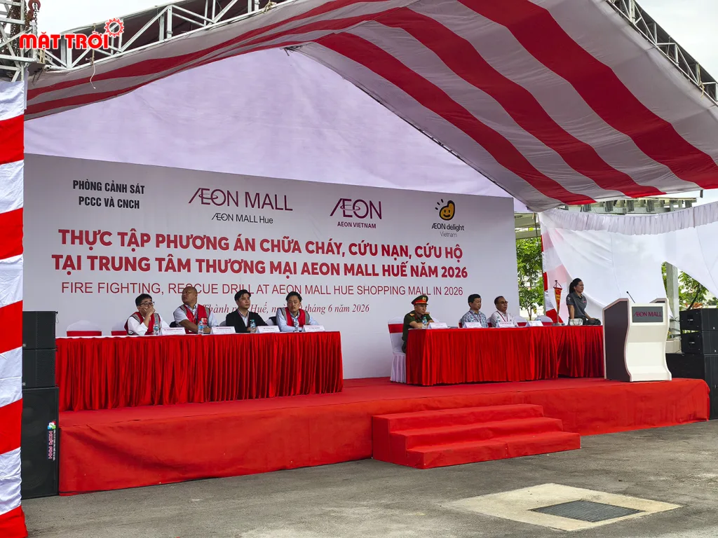 Diễn tập phòng cháy chữa cháy tại Aeon Maill Huế 2026. Sự kiện Mặt Trời hân hạnh đồng hành.