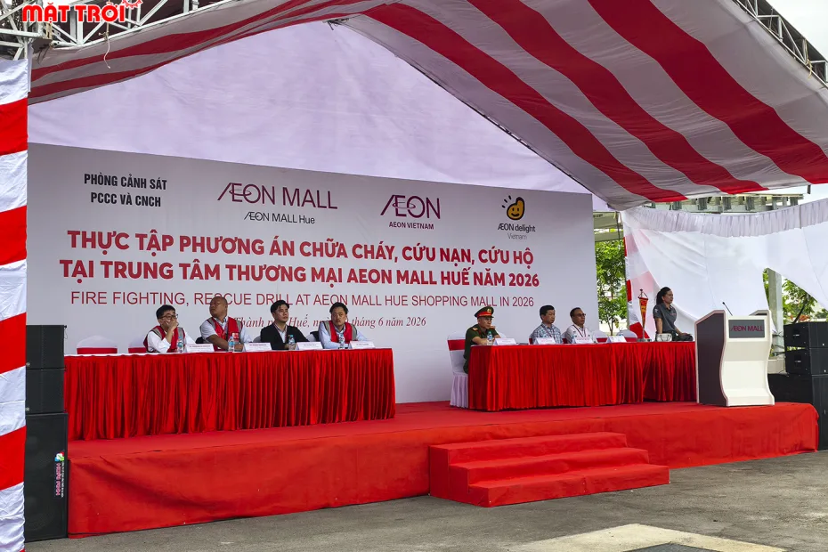 Diễn tập phòng cháy chữa cháy tại Aeon Maill Huế 2026. Sự kiện Mặt Trời hân hạnh đồng hành.